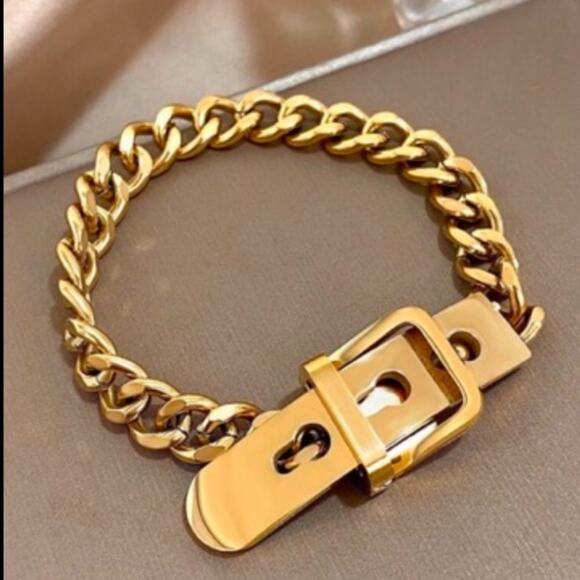 Belt Buckle Gold Chain Bracelet Stainless Steel - Picture 1 of 10